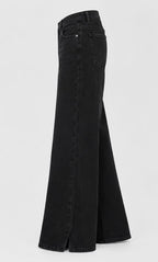 Wide Leg Split-Hem Black Denim Jeans - Front View