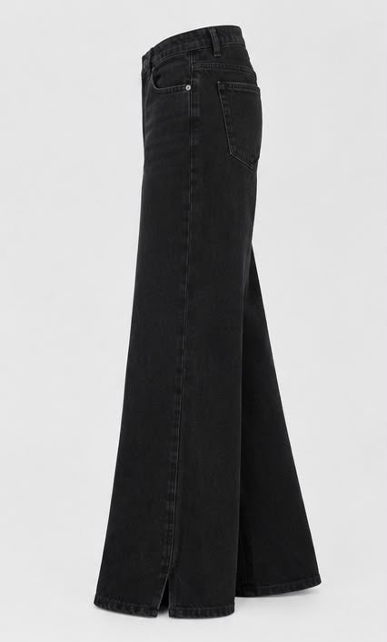 Wide Leg Split-Hem Black Denim Jeans - Front View
